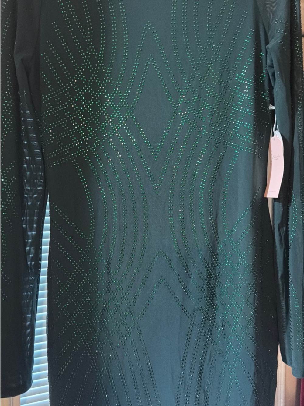 Elegant Long-Sleeve Dark Green Embellished Dress